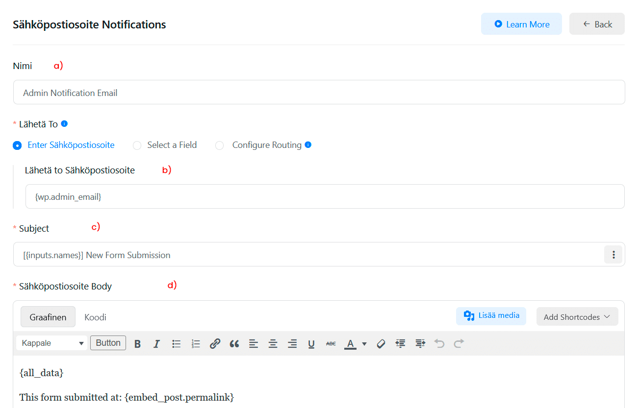Sahkopostiosoiteasetukset