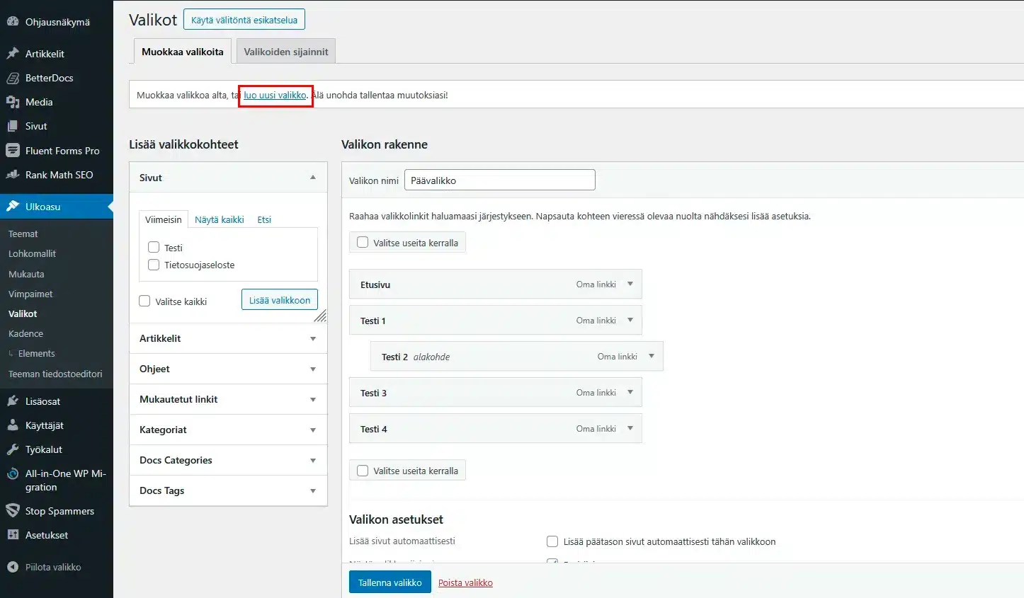 Valikoiden muokkaaminen