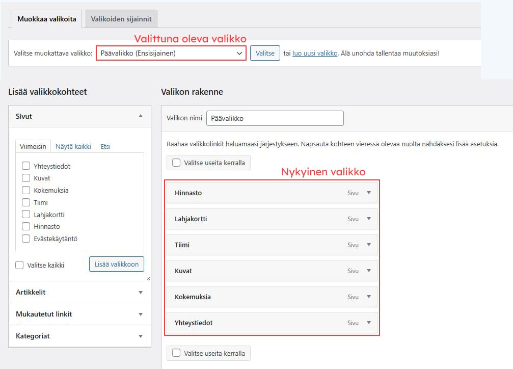 Valikon muokkaaminen 2